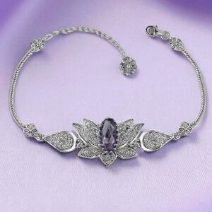 Elegant 925‎ Silver Lotus Flower Amethyst Bracelet